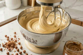 Crème mousseline praliné en train d'être montée dans le bol d'un robot pâtissier, avec des noisettes concassées et de la pâte de praliné sur un plan de travail en marbre blanc