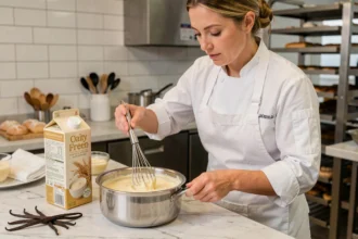 Cheffe pâtissière préparant une crème pâtissière sans lactose avec du lait d'avoine dans une cuisine professionnelle