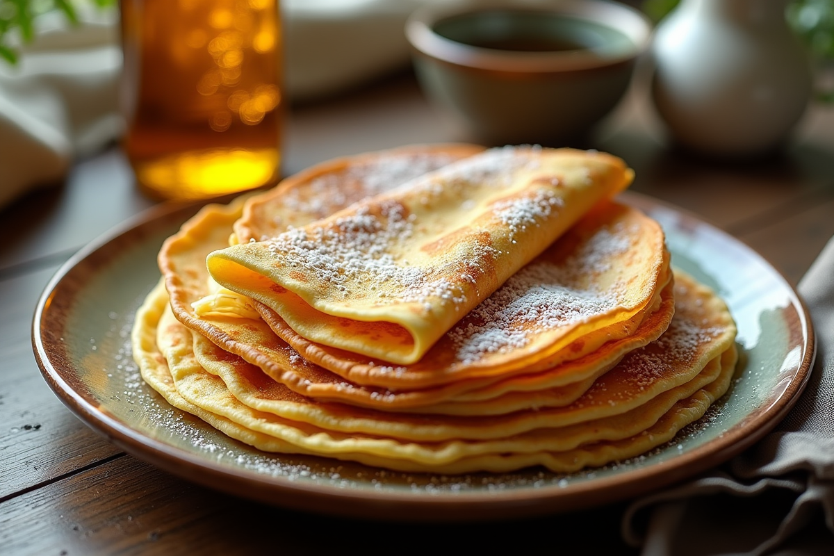 Pile de crêpes avec bouteille de bière et verre sous lumière naturelle
