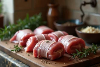 Crépinettes de porc artisanales enveloppées dans de la crépine, posées sur une planche en bois rustique avec du thym frais dans une boucherie traditionnelle française