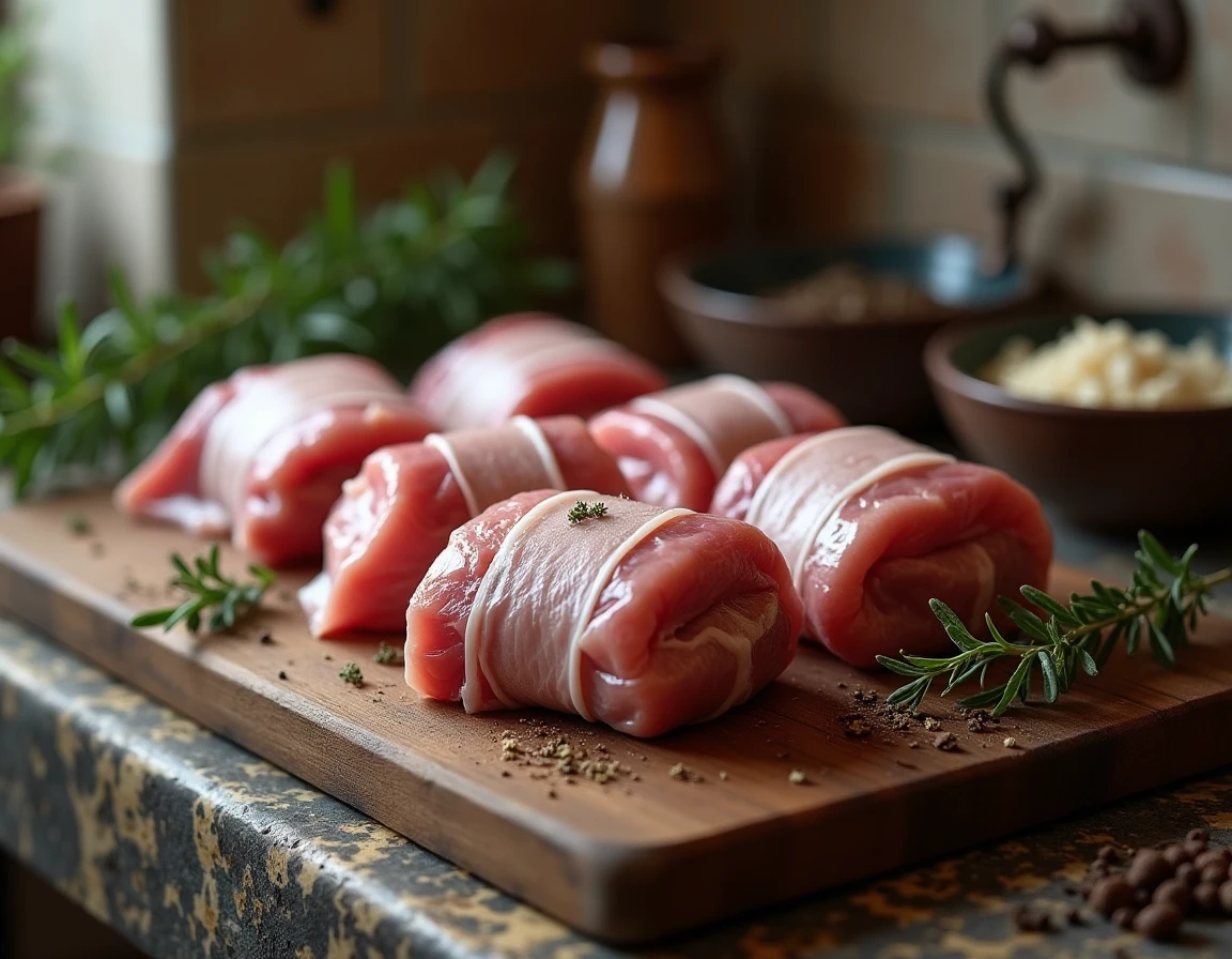 Crépinettes de porc artisanales enveloppées dans de la crépine, posées sur une planche en bois rustique avec du thym frais dans une boucherie traditionnelle française