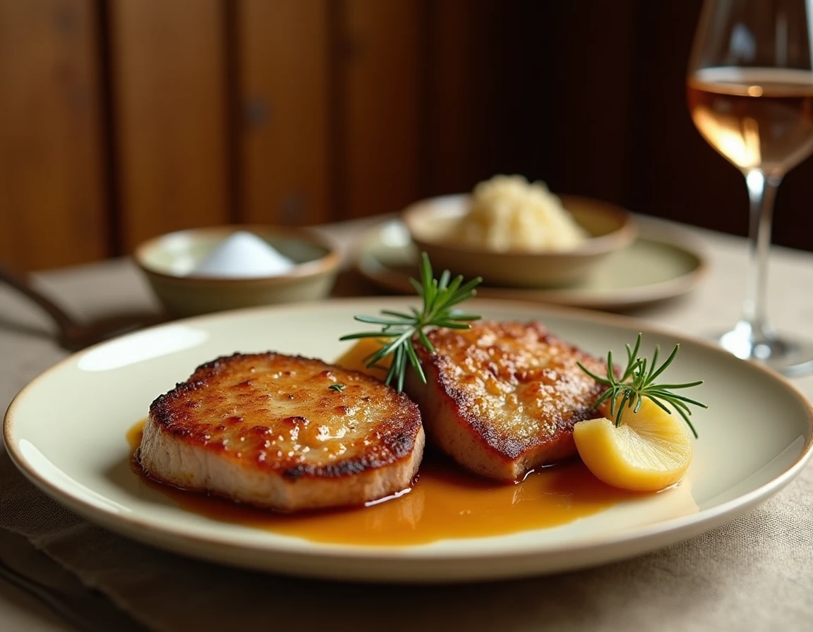Crépinettes de porc dorées dressées sur assiette blanche avec compote pomme oignon et jus de cuisson dans un décor de bistrot français authentique