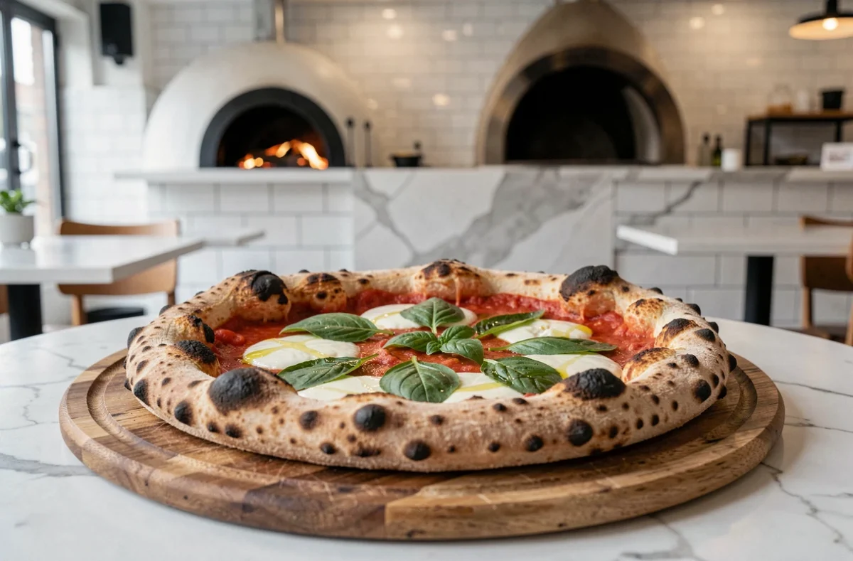 Pizza napolitaine authentique chez Croccante Pizzeria à Angers avec cornicione gonflé et garniture fior di latte