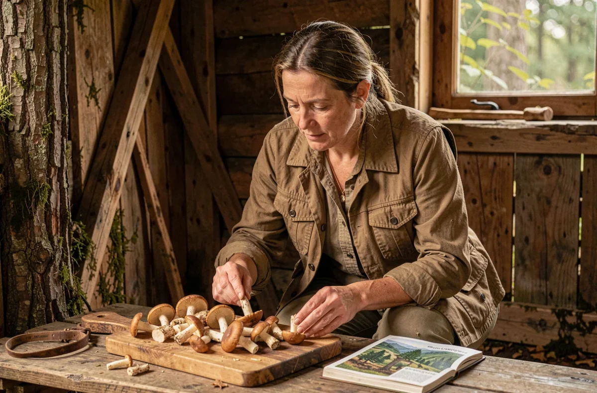 Cueilleuse expérimentée examinant des champignons Charbonniers fraîchement récoltés posés sur une planche en bois dans un abri rustique en forêt