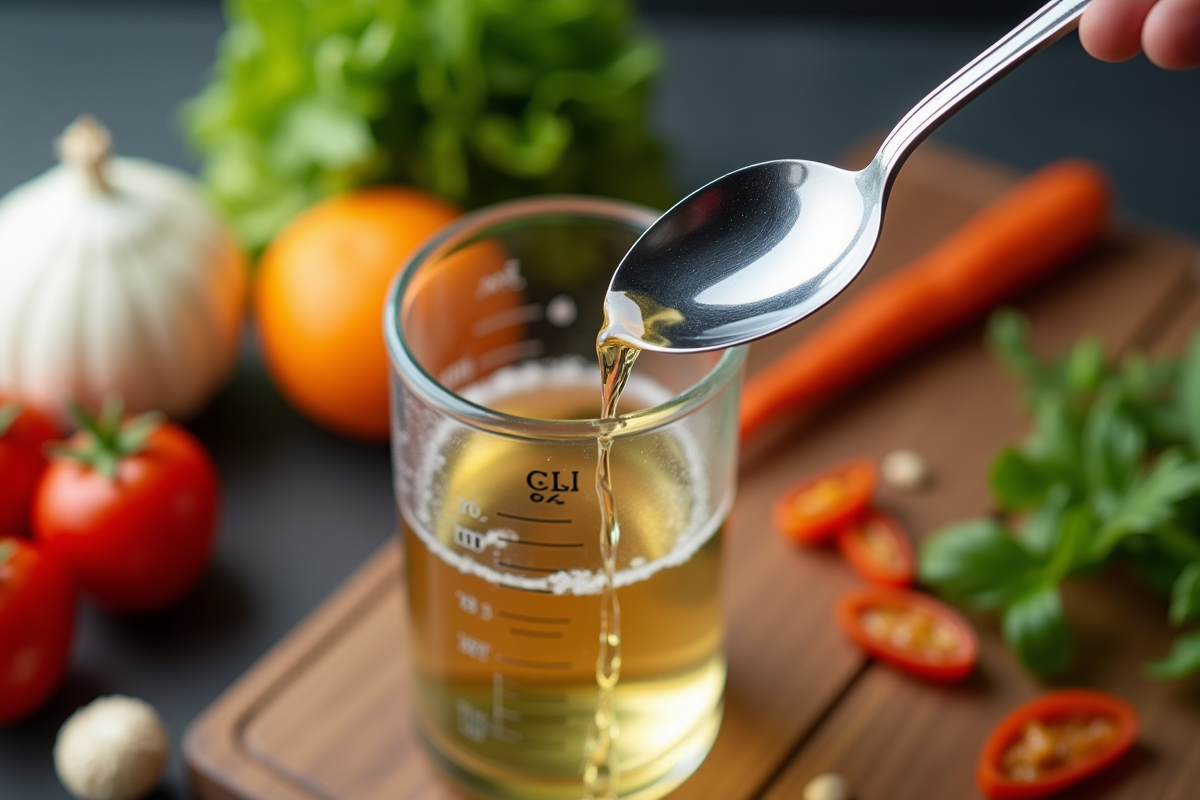 Cuillère en inox versant un liquide dans un cylindre gradué avec ingrédients frais
