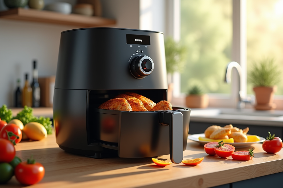 Cuisine moderne avec airfryer et poulet doré