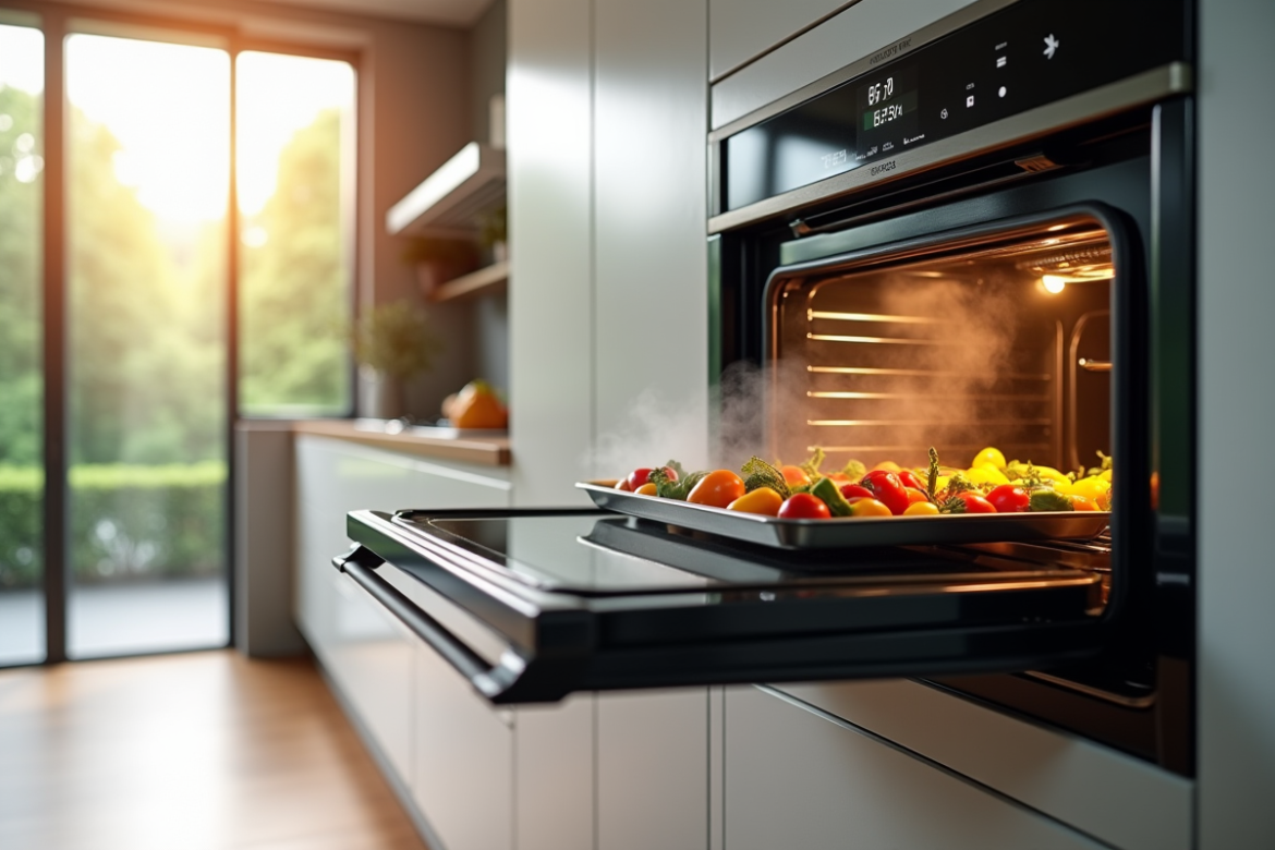 Cuisine moderne avec four vapeur en fonctionnement et légumes en cuisson
