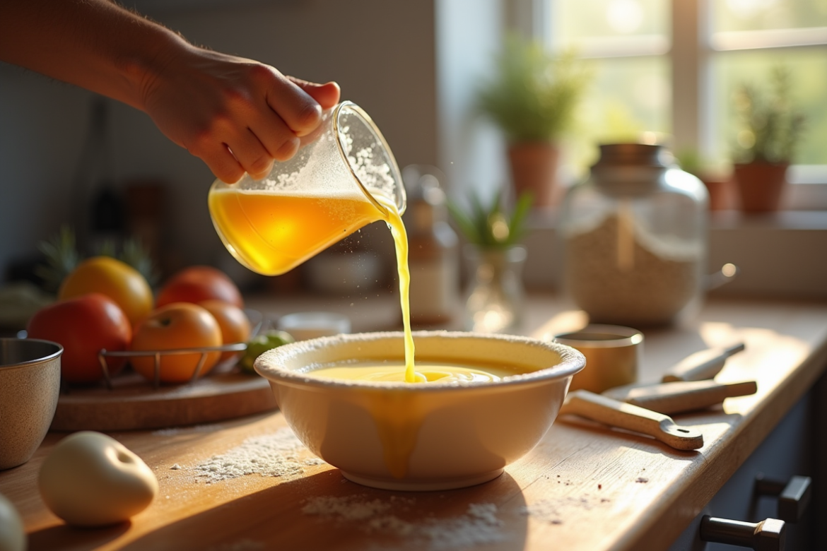 Verre de bière dorée versé dans une pâte à crêpes sur un plan de travail