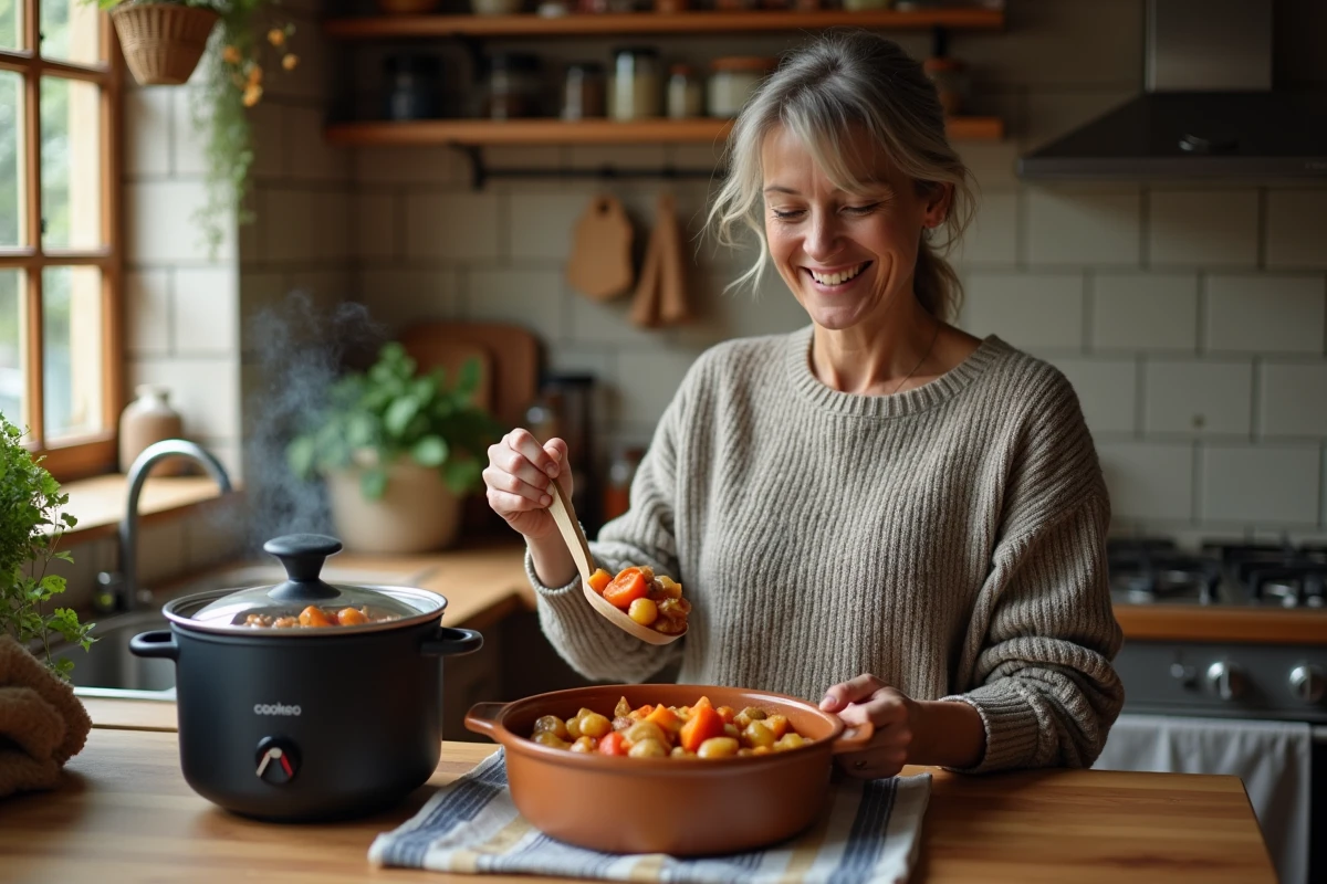 Femme souriante servant boeuf carotte dans une cuisine chaleureuse