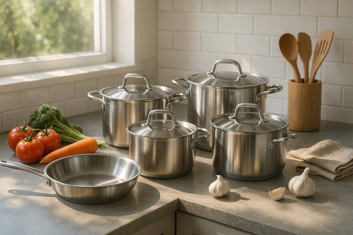 Cuisine moderne avec casseroles en acier inoxydable et légumes frais