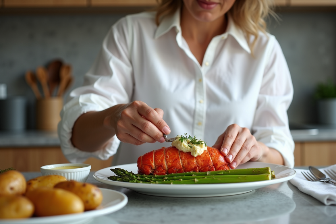 Femme préparant un homard dans une cuisine moderne