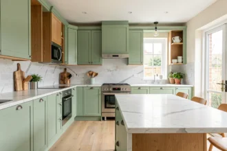 Cuisine rénovée aux façades en chêne repeintes en vert sauge