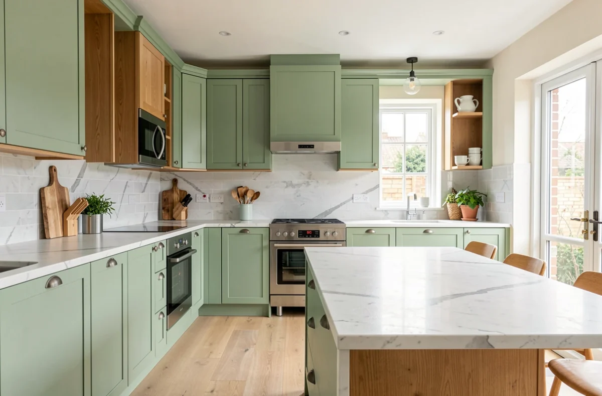 Cuisine rénovée aux façades en chêne repeintes en vert sauge