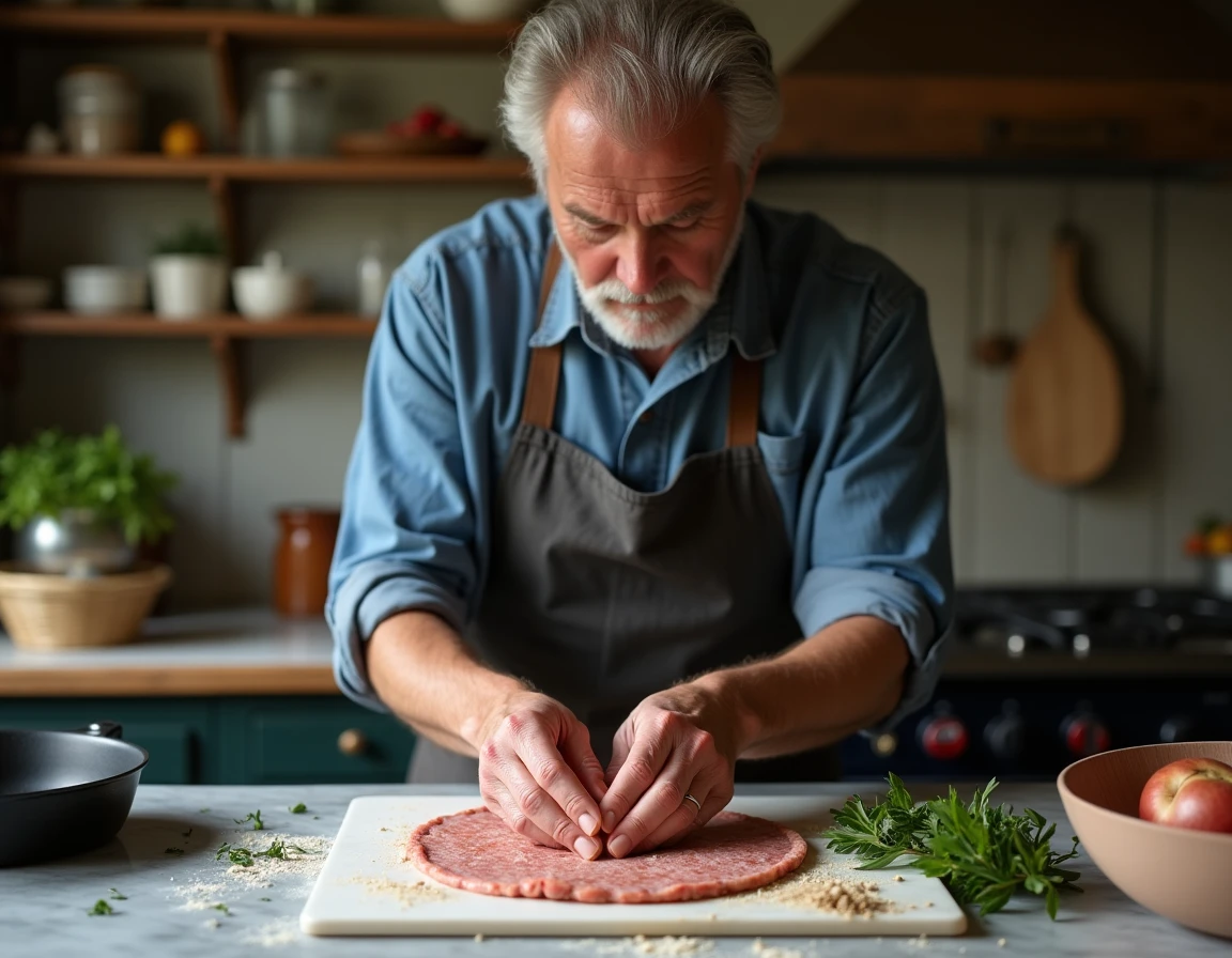 Cuisinier à domicile façonnant une crépinette de porc maison dans une cuisine française traditionnelle avec tablier en lin et plan de travail en marbre