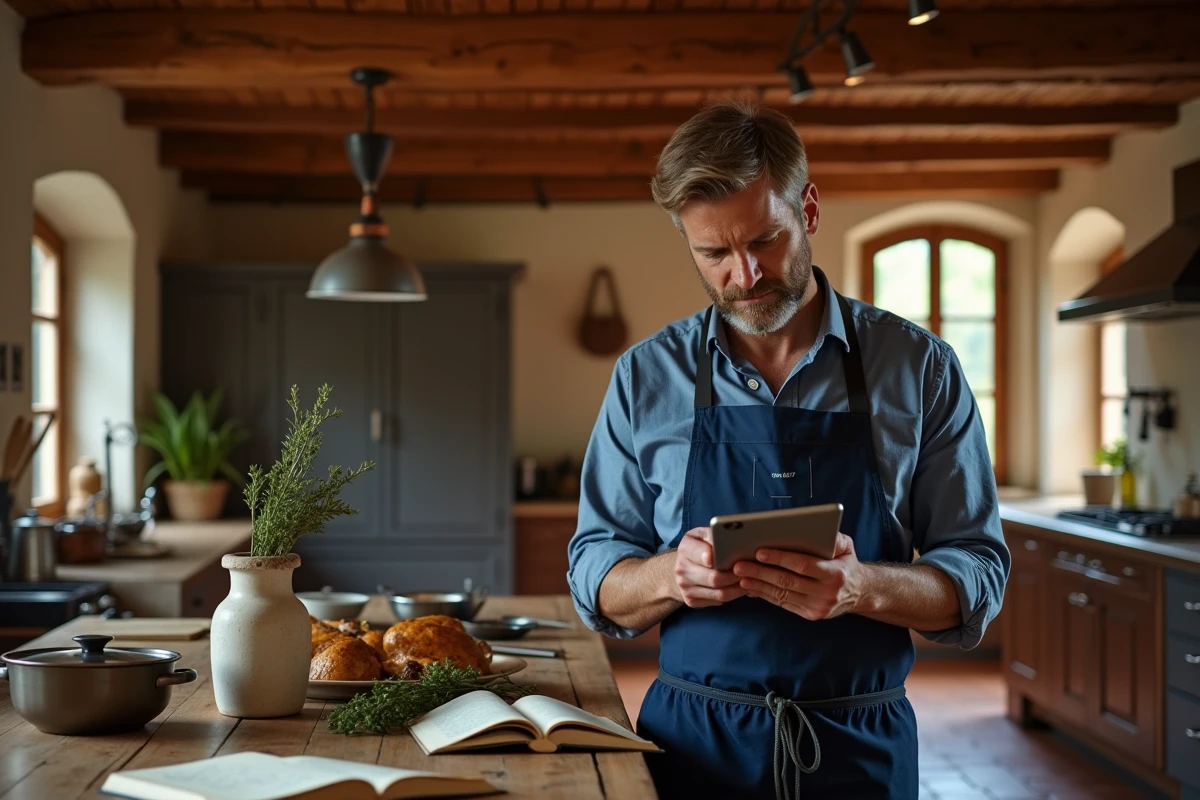 Cuisinier consultant un minuteur de cuisson numérique sur tablette dans une cuisine rustique avec poutres en bois