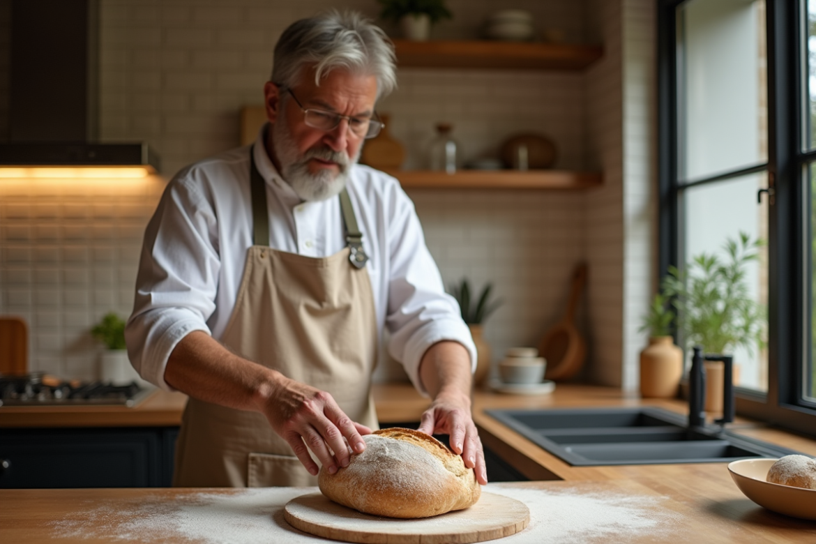 Homme en tablier de lin posant un pain rustique dans la cuisine