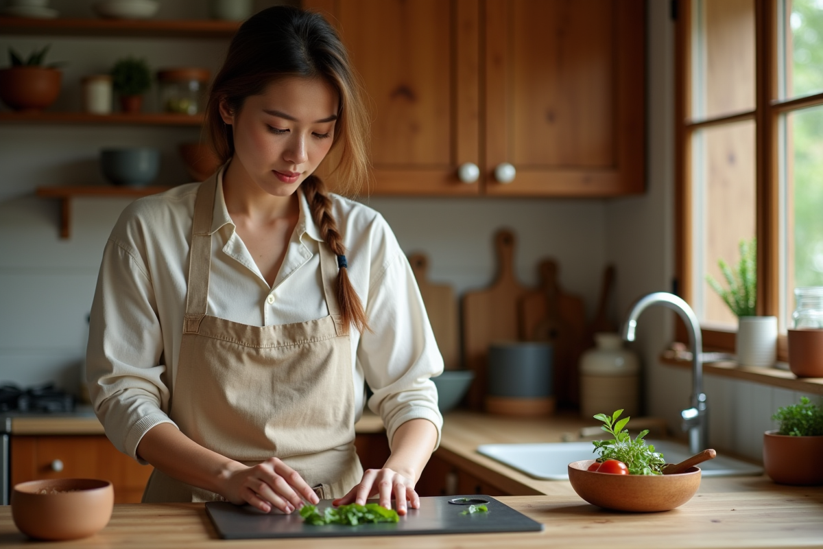 Jeune femme cuisinant dans sa cuisine lumineuse
