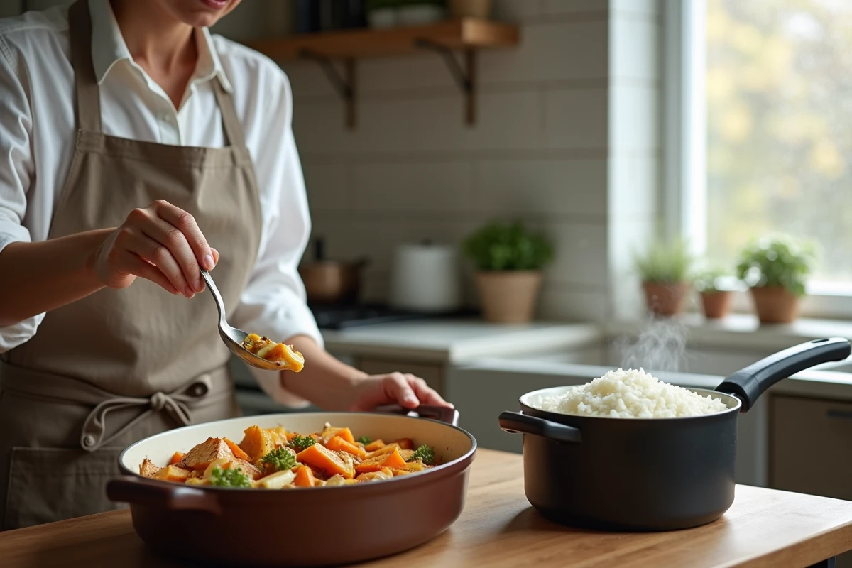 Cuisinière versant sauce crème sur légumes racines rôtis accompagnant un poulet avec riz blanc vapeur