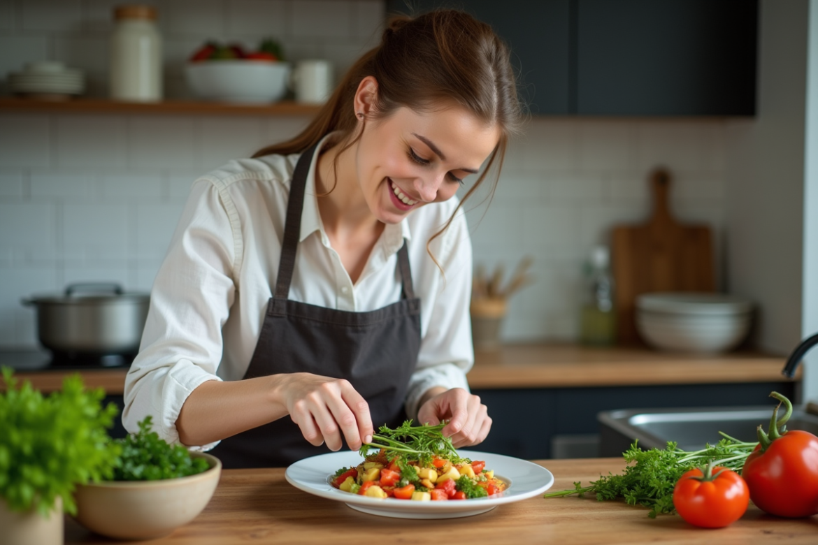 Jeune femme en cuisine vegan avec plat coloré