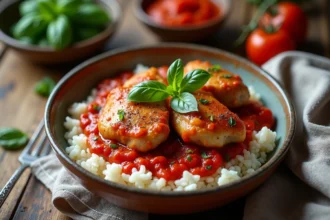 Cuisse de poulet mijotée à la tomate servie sur du riz blanc dans un bol en céramique rustique, idéale pour le batch cooking au Cookeo