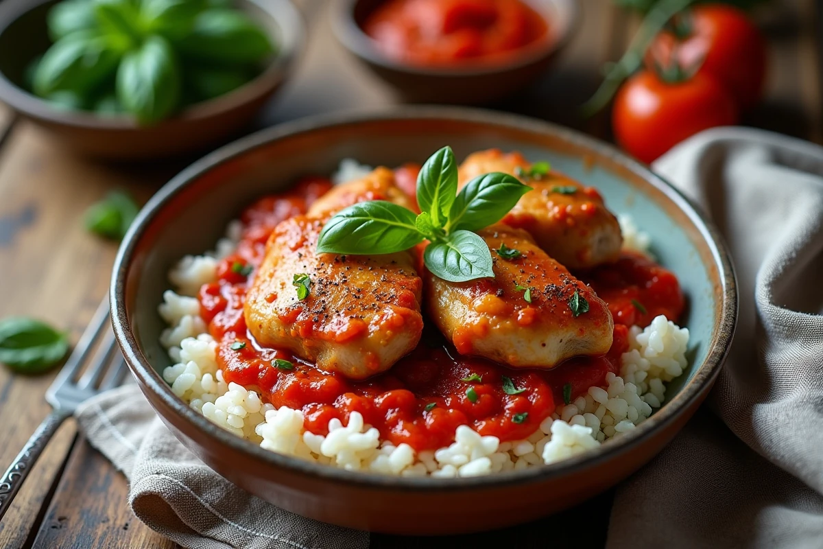 Cuisse de poulet mijotée à la tomate servie sur du riz blanc dans un bol en céramique rustique, idéale pour le batch cooking au Cookeo