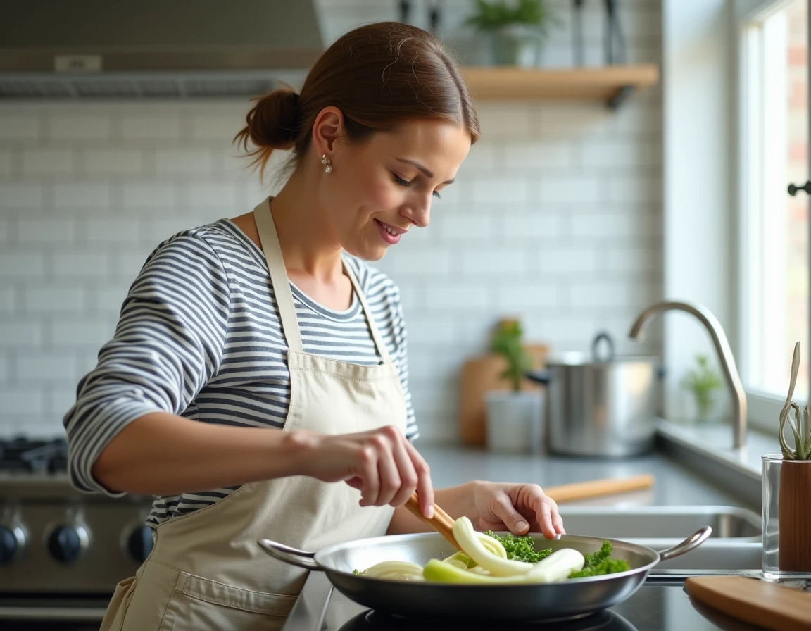 Femme cuisinant des endives coupées en deux dans une poêle sur une cuisinière moderne à domicile