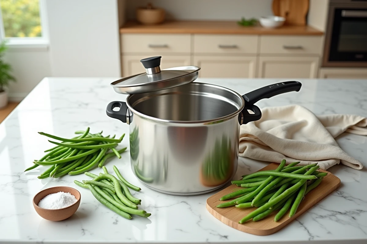 Cocotte minute entourée de haricots verts frais prêts à cuire sur un plan de travail en marbre blanc, préparation batch cooking