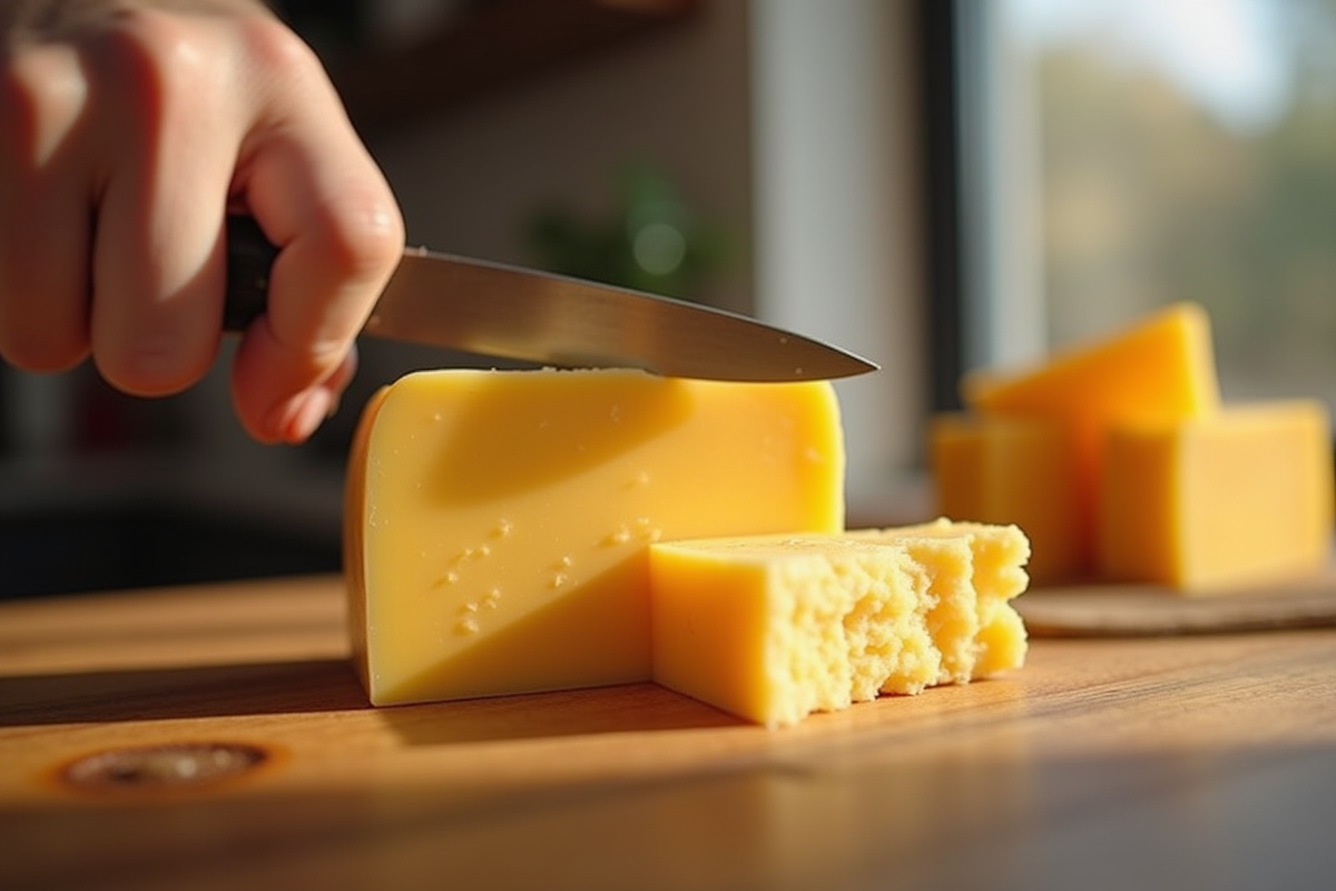 Main coupant un bloc de fromage dur sur une planche en bois