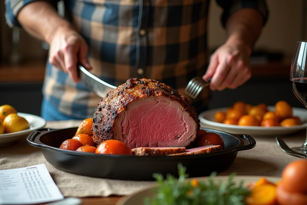 Homme découpant un rôti de bœuf cuit à point sur un plat en fonte à table, révélant un cœur rosé avec un guide de temps de cuisson posé à côté