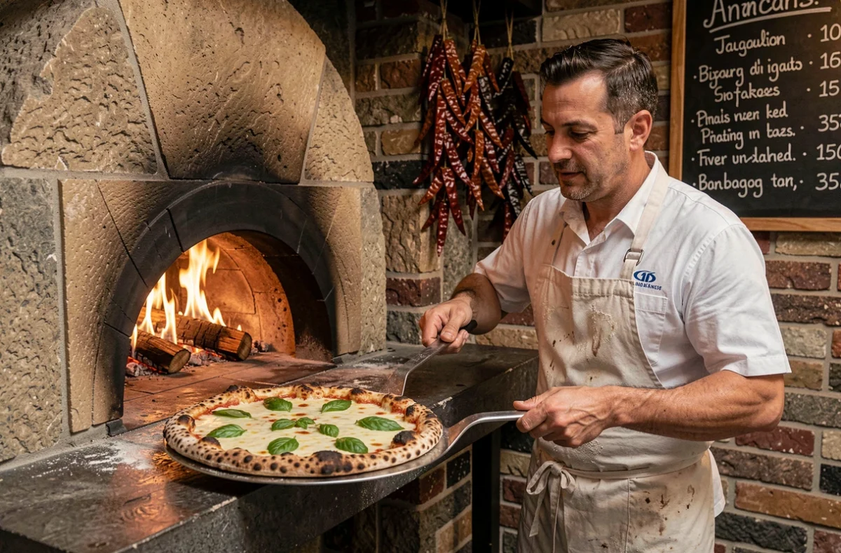 Pizzaiolo sortant une pizza du four à bois chez Dolce Pittsa à Angers avec croûte napolitaine tachetée