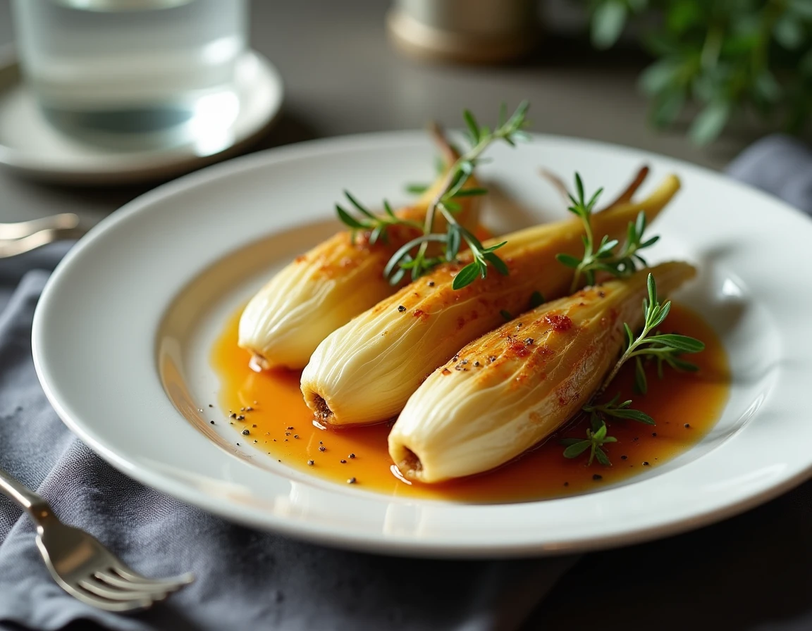 Endives braisées dorées et caramélisées servies sur une assiette blanche avec du thym frais sur une table élégante