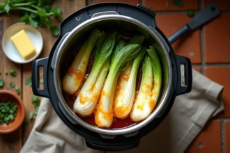 Endives braisées dorées dans une cocotte minute ouverte sur un plan de travail en bois rustique