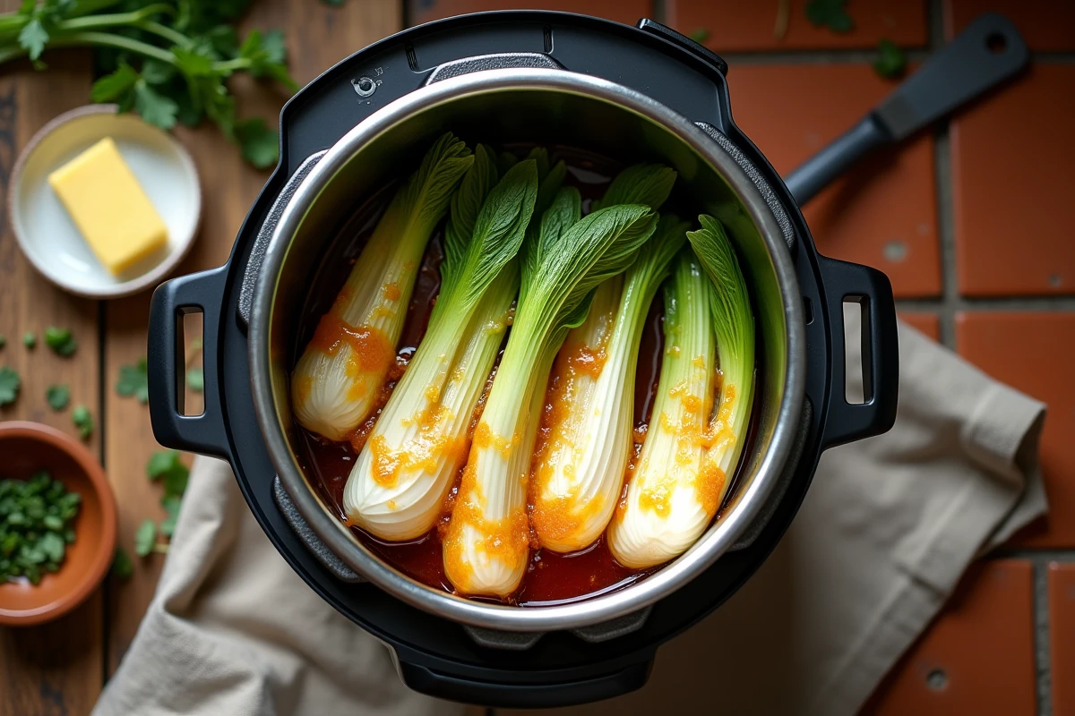 Endives braisées dorées dans une cocotte minute ouverte sur un plan de travail en bois rustique
