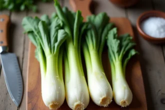 Endives fraîches entières sur une planche en bois rustique avec un couteau de cuisine, prêtes à être préparées