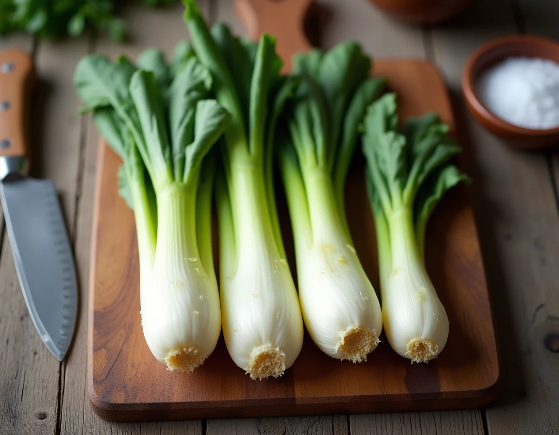 Endives fraîches entières sur une planche en bois rustique avec un couteau de cuisine, prêtes à être préparées