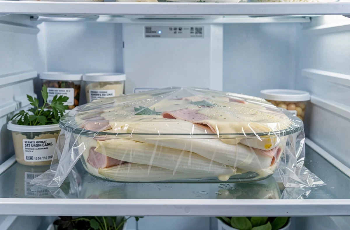 Plat d'endives au jambon béchamel filmé et prêt à être conservé au réfrigérateur pour une préparation à l'avance