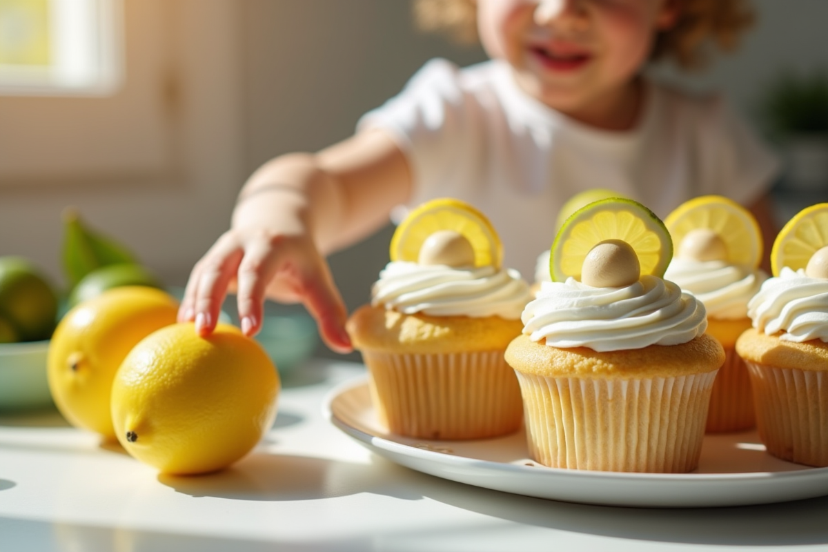 Enfant atteignant des cupcakes aux agrumes et lychee