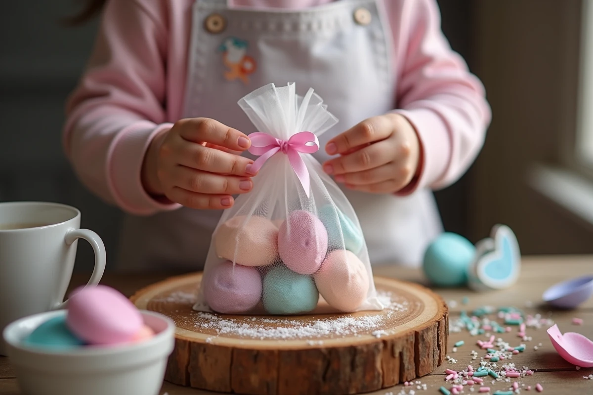 Petites mains attachant un ruban autour d un sachet de meringues licorne