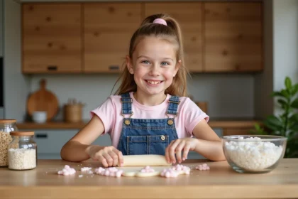 Jeune fille en cuisine préparant des gateaux unicorns