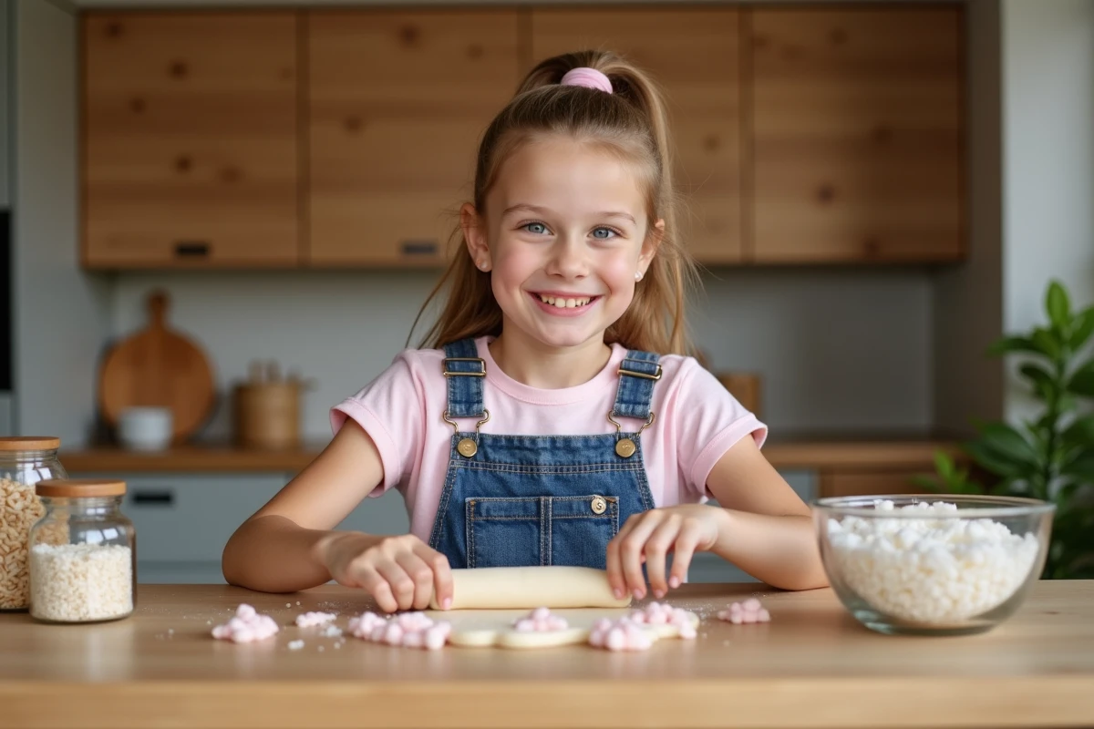 Jeune fille en cuisine préparant des gateaux unicorns
