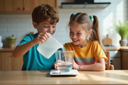 Enfants mesurant de l'eau dans une cuisine lumineuse