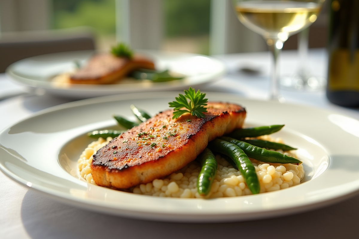 Escalope Milanese avec risotto crémeux et haricots verts