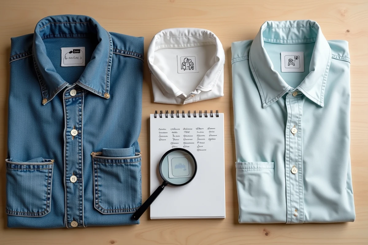 Vue à plat de plusieurs étiquettes de vêtements avec symboles d'entretien et loupe sur un bureau en bois