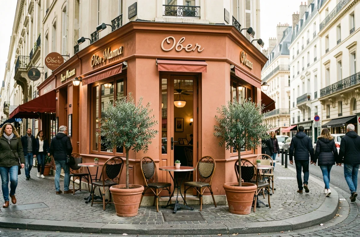 Façade extérieure du restaurant Ober Mamma à Paris avec terrasse en terrasse et décoration méditerranéenne
