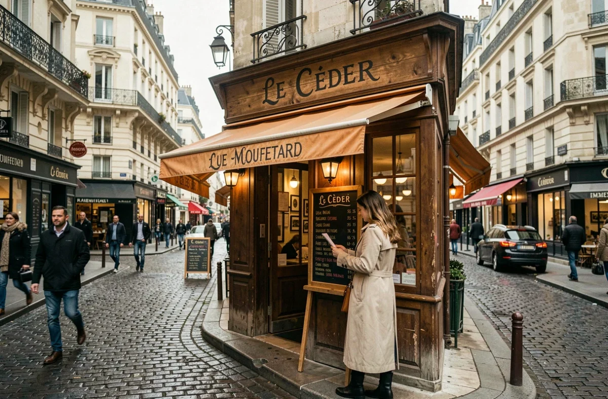 Façade du restaurant Le Cèdre sur la rue Mouffetard à Paris avec enseigne et terrasse typique