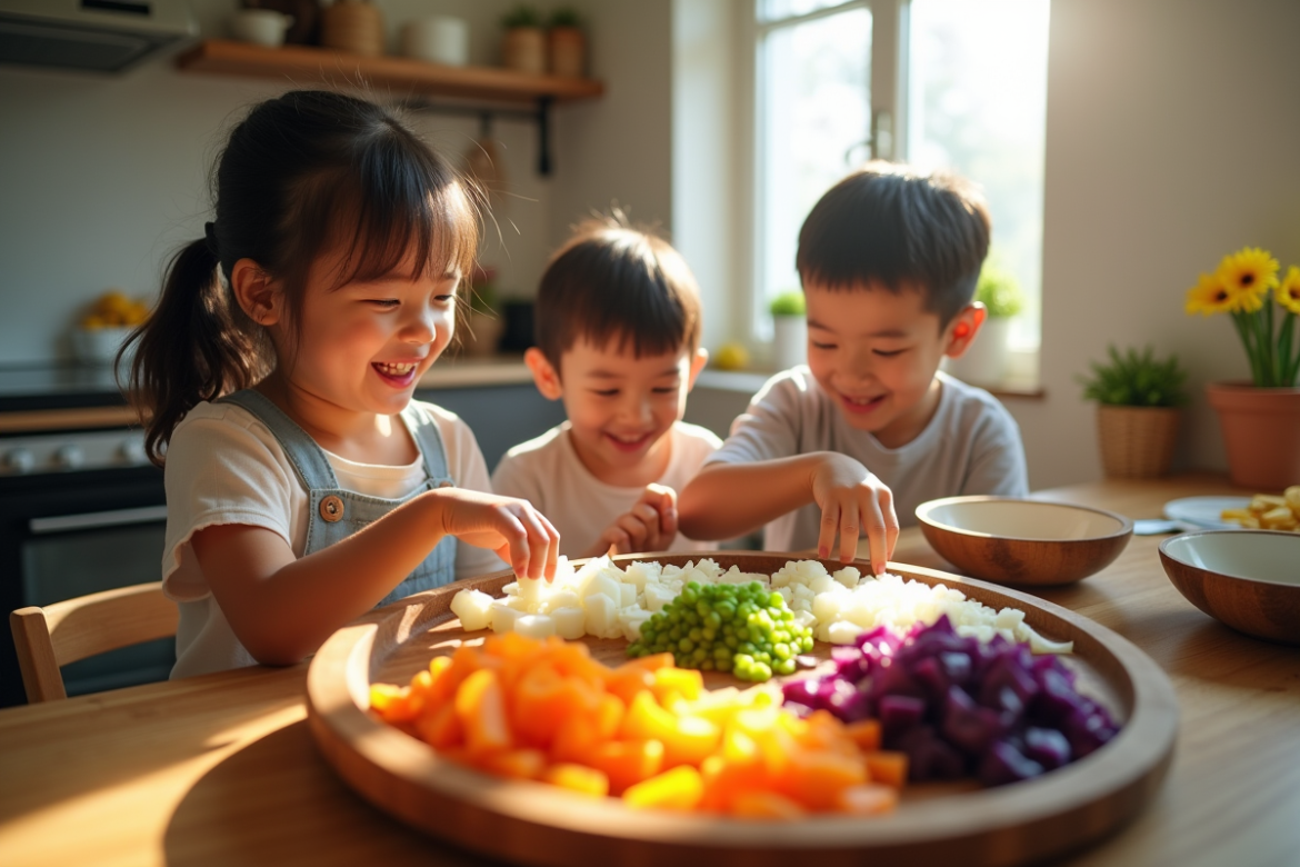 Famille heureuse préparant un repas coloré dans une cuisine moderne