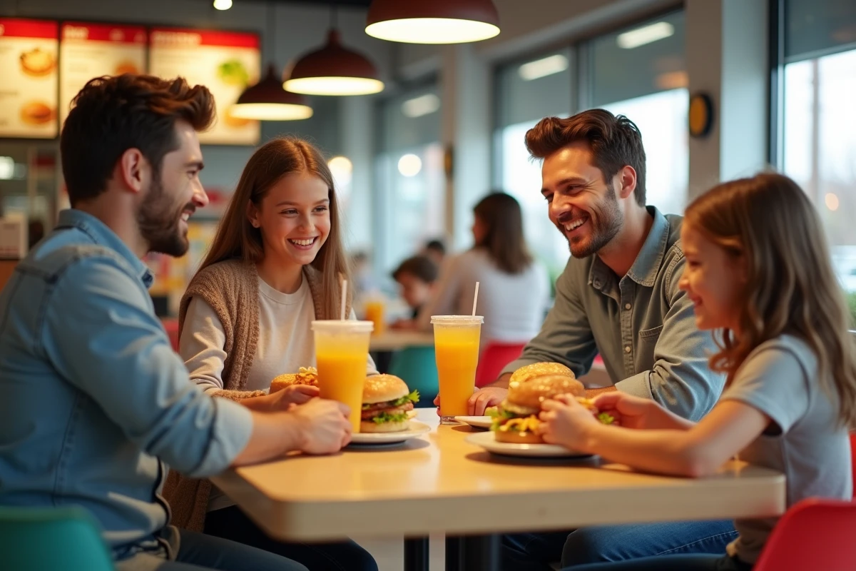 Famille souriante partageant un repas rapide en famille