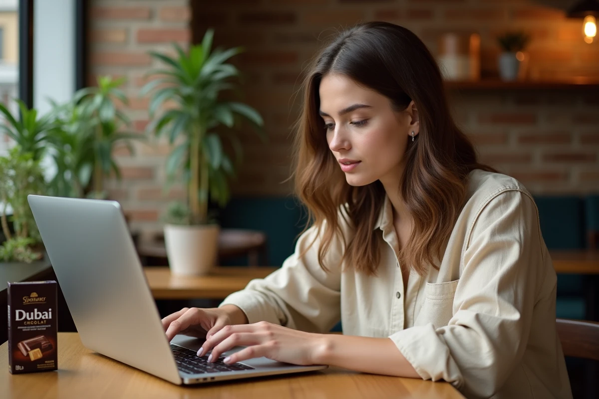 Jeune femme consultant le prix du chocolat Dubaï en ligne dans un café avec sa tablette posée sur la table