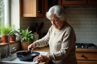 Femme âgée nettoyant une poêle en fonte dans la cuisine