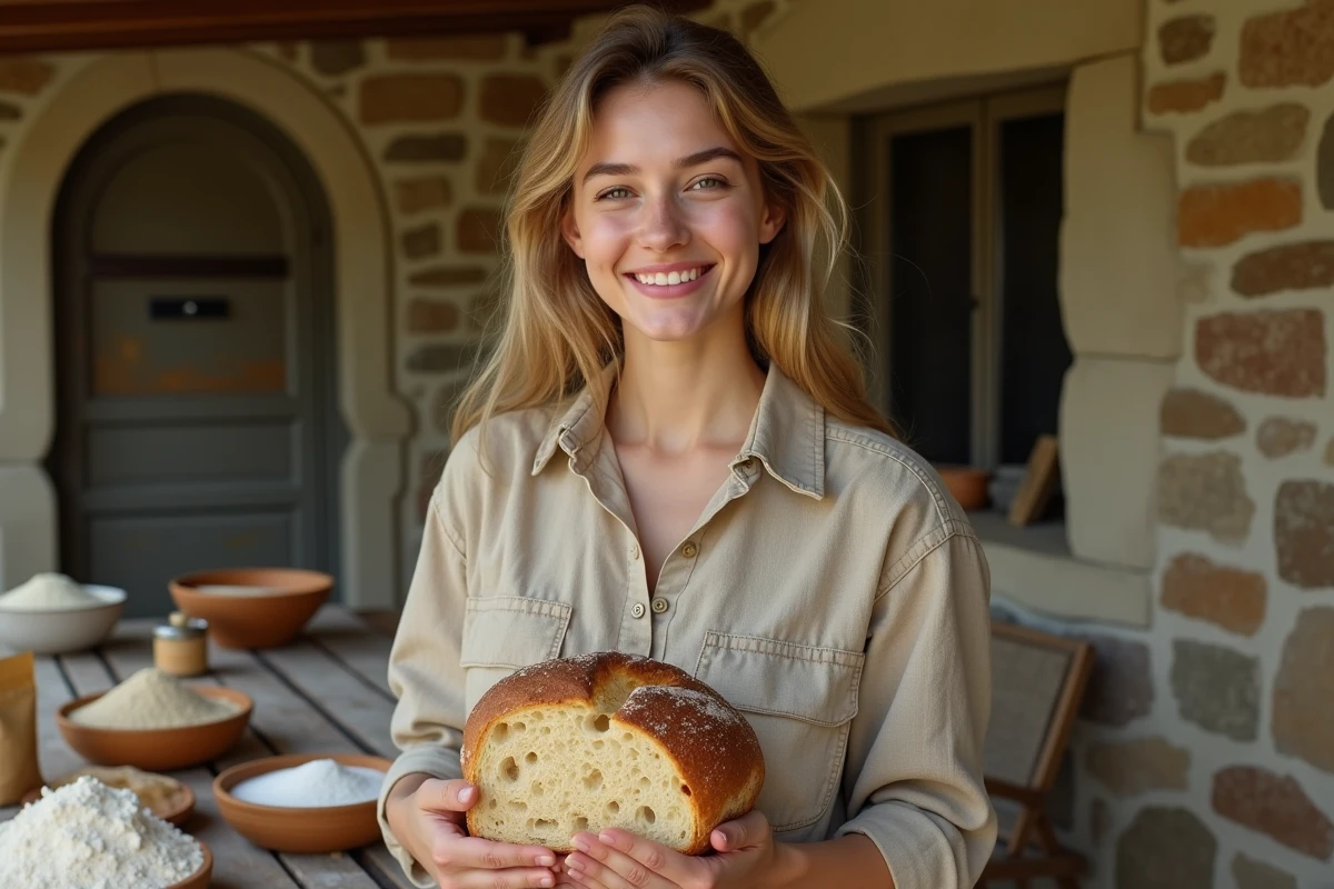 Jeune femme tenant un pain de campagne coupé avec une croûte dorée